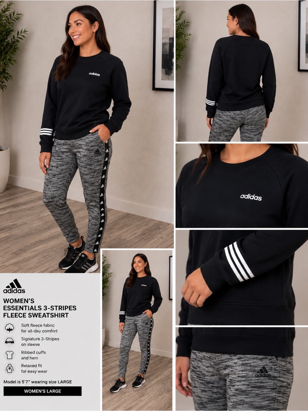 adidas Large outfit Black Crewneck Sweatshirt with White Stripe Cuffs